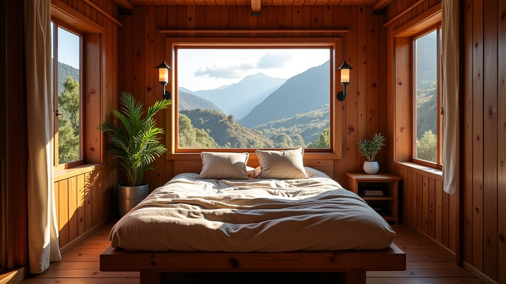 Dormitorio acogedor con cama de madera, ventanas hacia el valle, montañas visibles al fondo