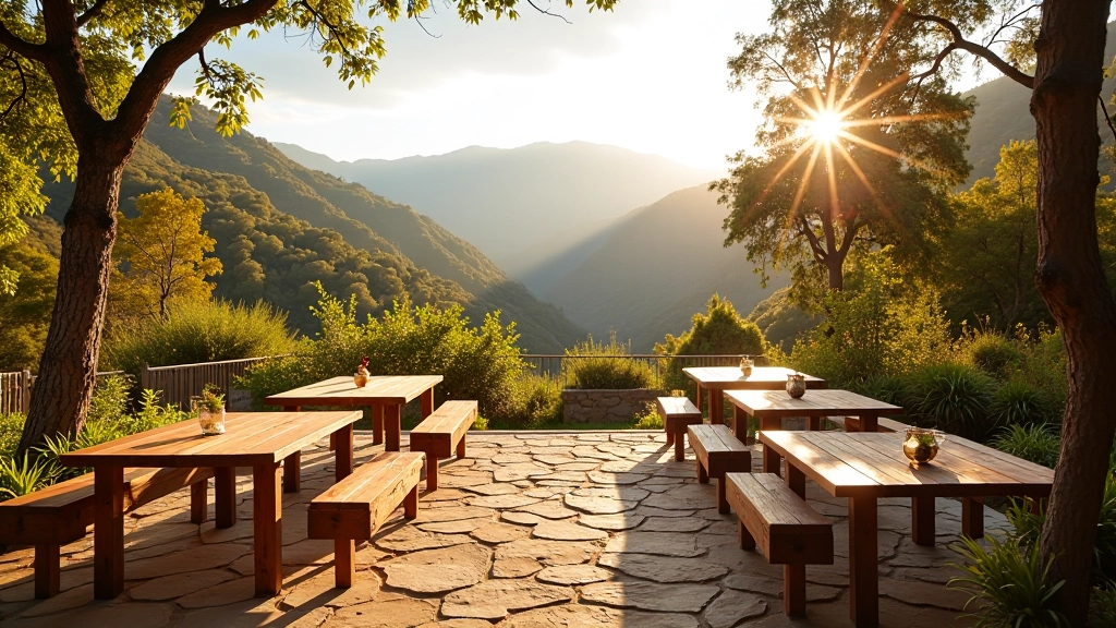 Patio exterior con mesas de madera, plantas locales, montañas al fondo, luz del atardecer