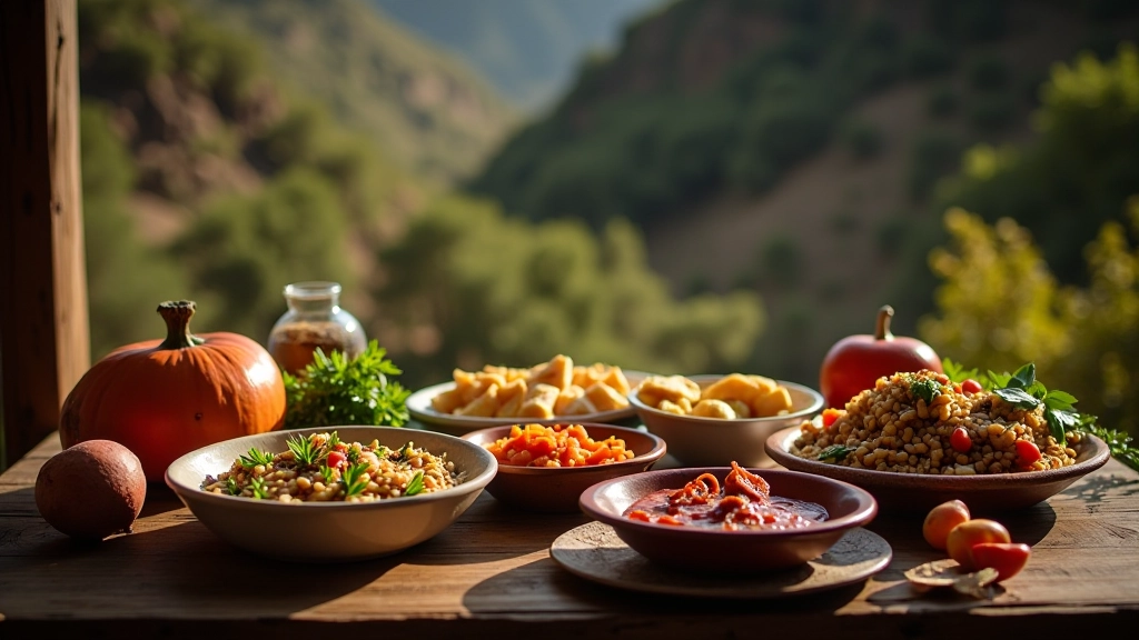 Comida tradicional peruana servida en una mesa de madera, rodeada de ingredientes locales frescos del Valle Sagrado